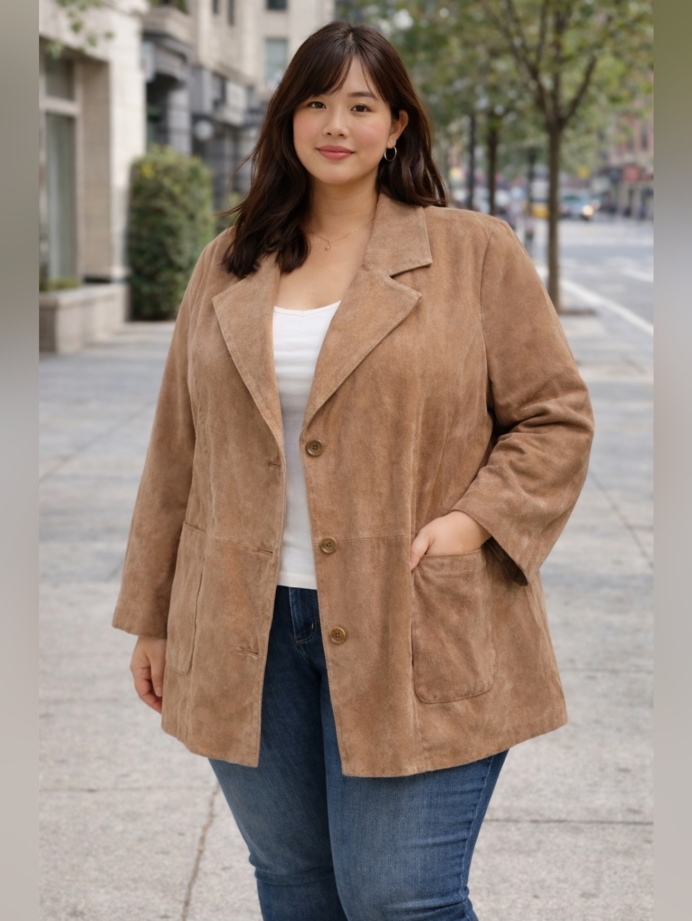 Jessica London Genuine Suede Button-Front Blazer Jacket Camel Brown Sz 22